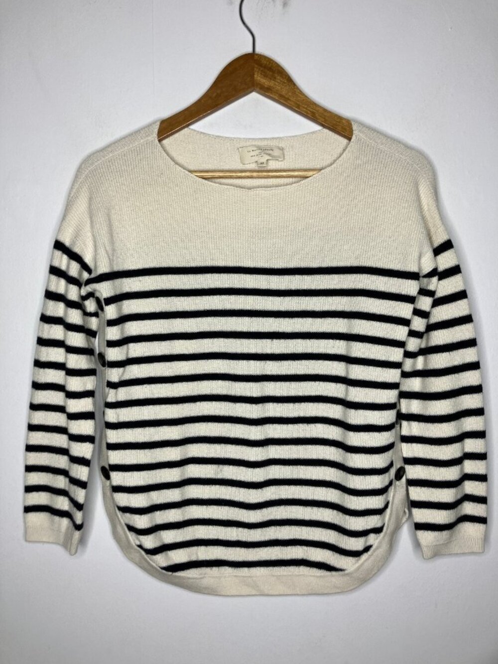 Sezane La Maille Womens XS Striped Merino Wool Cotton Blend Sweater Side Buttons